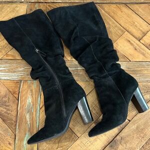T&B Black Suede Leather Slouch Knee High Heel Boots Size 8M